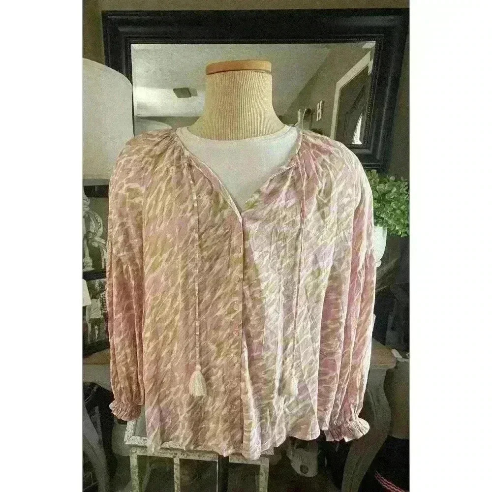Talulah Women's Shirt With Tie Neck L Pink and Green